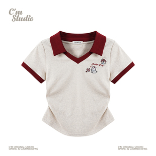 学院风刺绣卡通Polo领正肩短袖 快乐兽 t恤拼色小v领杏显瘦短上衣