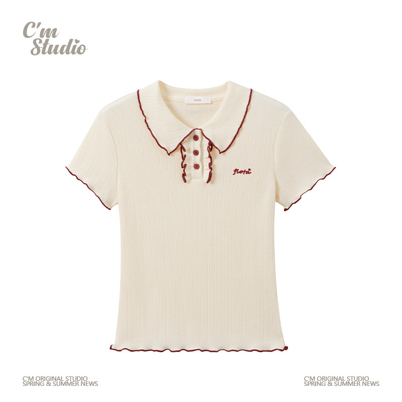 快乐兽 甜美风刺绣木耳边polo领针织短袖女小个子修身正肩短上衣