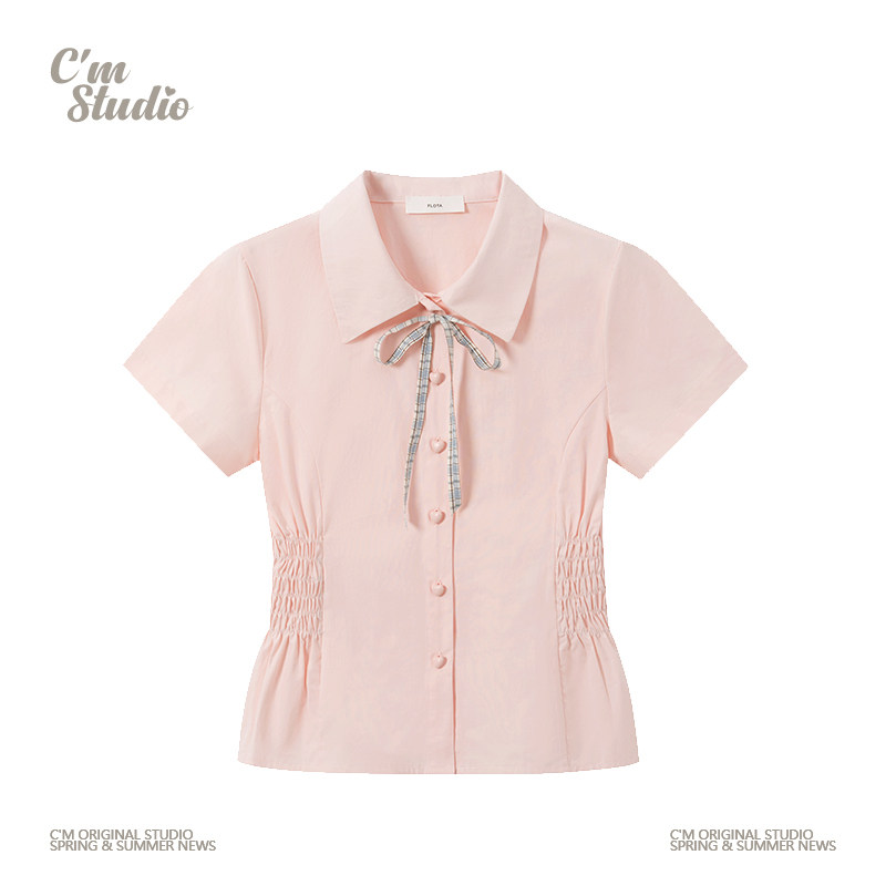 快乐兽 甜美格纹绑带polo领粉色衬衫短袖女小个子收腰正肩短上衣