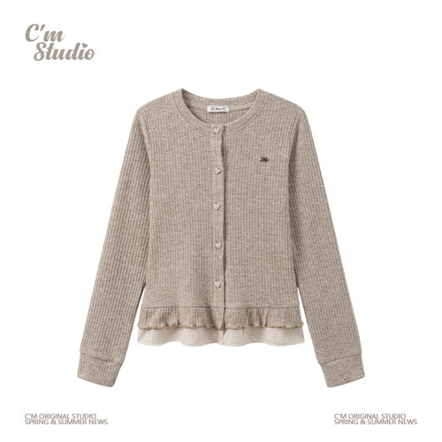 慵懒风格纹荷叶边针织开衫女