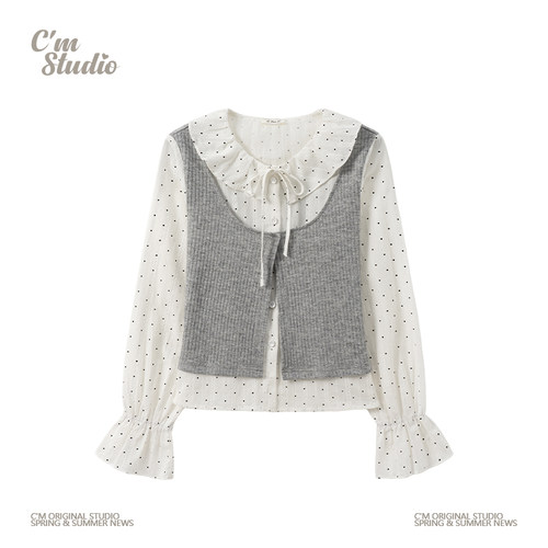 早秋韩妹波点娃娃领长袖衬衫女