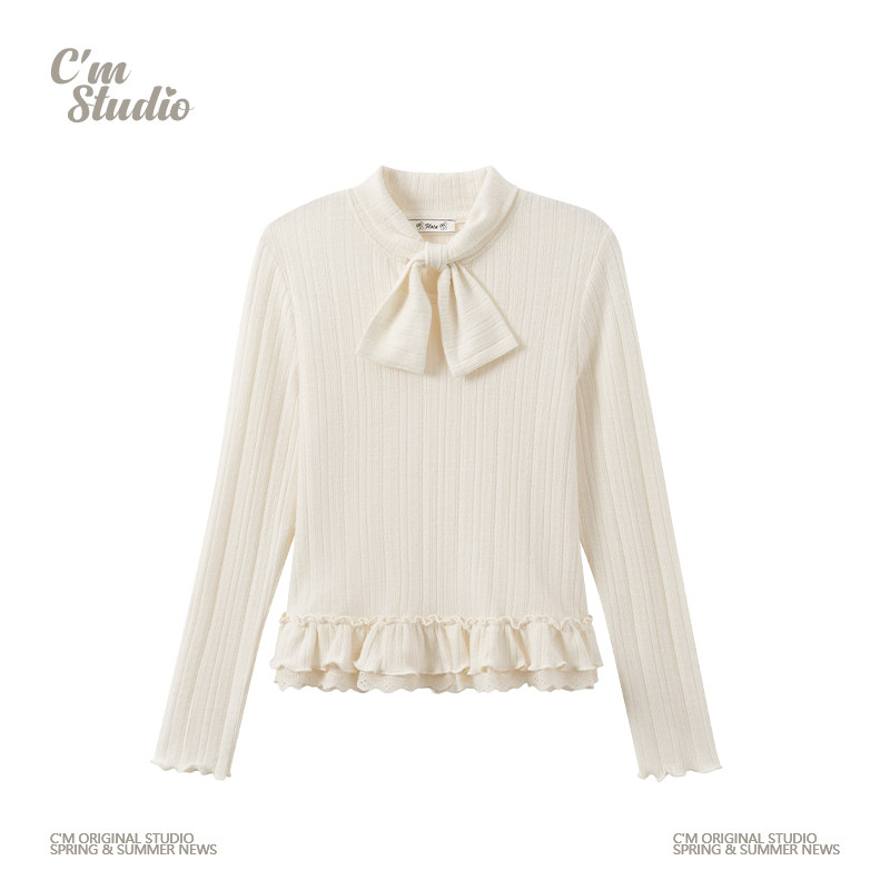 快乐兽 绑带荷叶花边杏色针织内搭长袖女温柔气质修身打底衫上衣,女装/女士精品,毛针织衫,淘宝优惠券,粉丝福利购,淘宝优惠卷