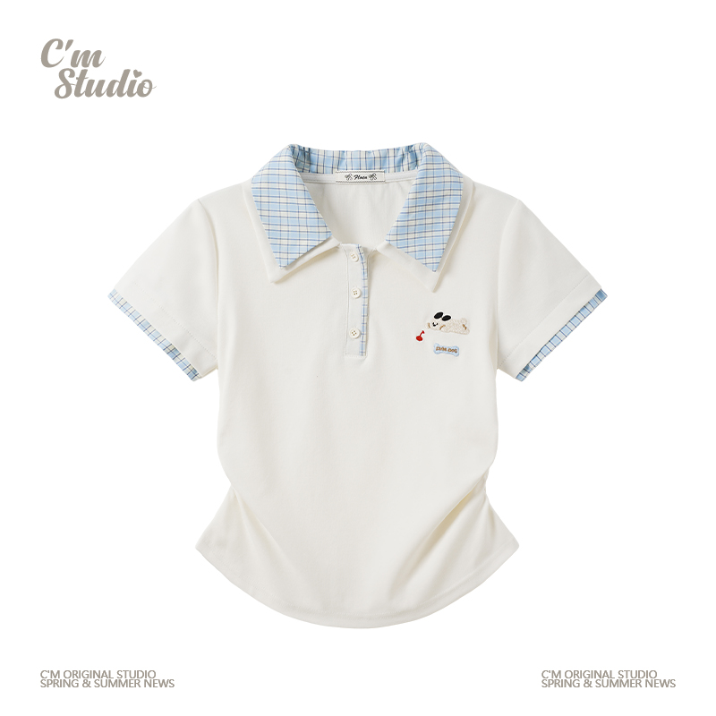 甜美格纹Polo领刺绣卡通短袖t恤