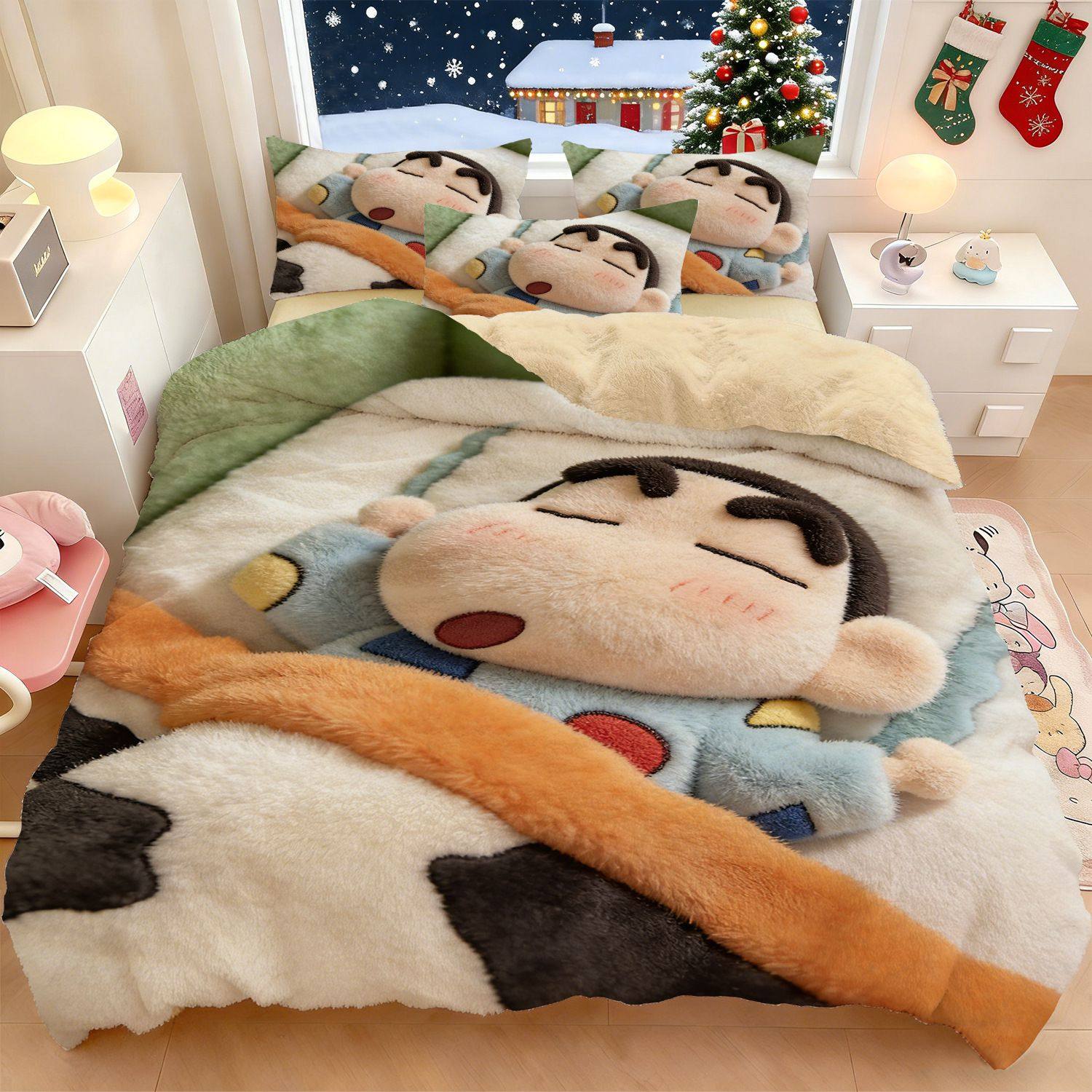 蜡笔小新3D立体视觉冬季牛奶绒被套双面加绒床上短毛绒四件套加厚