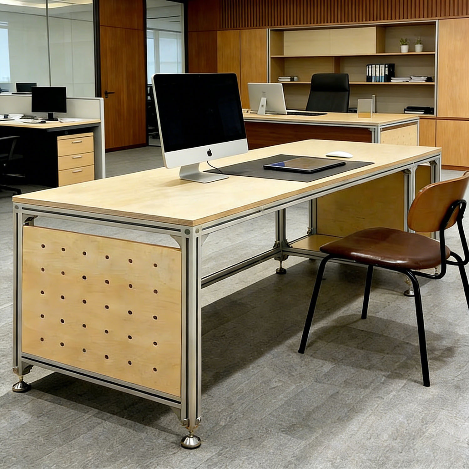 工业风铝型材办公桌桦木海洋板办公会议桌自由组合带孔桌腿培训桌