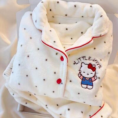 韩版ins凯蒂猫珊瑚绒睡衣女秋冬季加绒加厚学生可外穿家居服套装