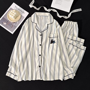 2026新款云朵纯棉纱睡衣男春秋季薄款长袖长裤青少年家居服套装