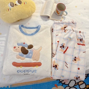 卡通狗狗珊瑚绒睡衣女款秋冬季加厚保暖学生家居服可外穿法兰绒