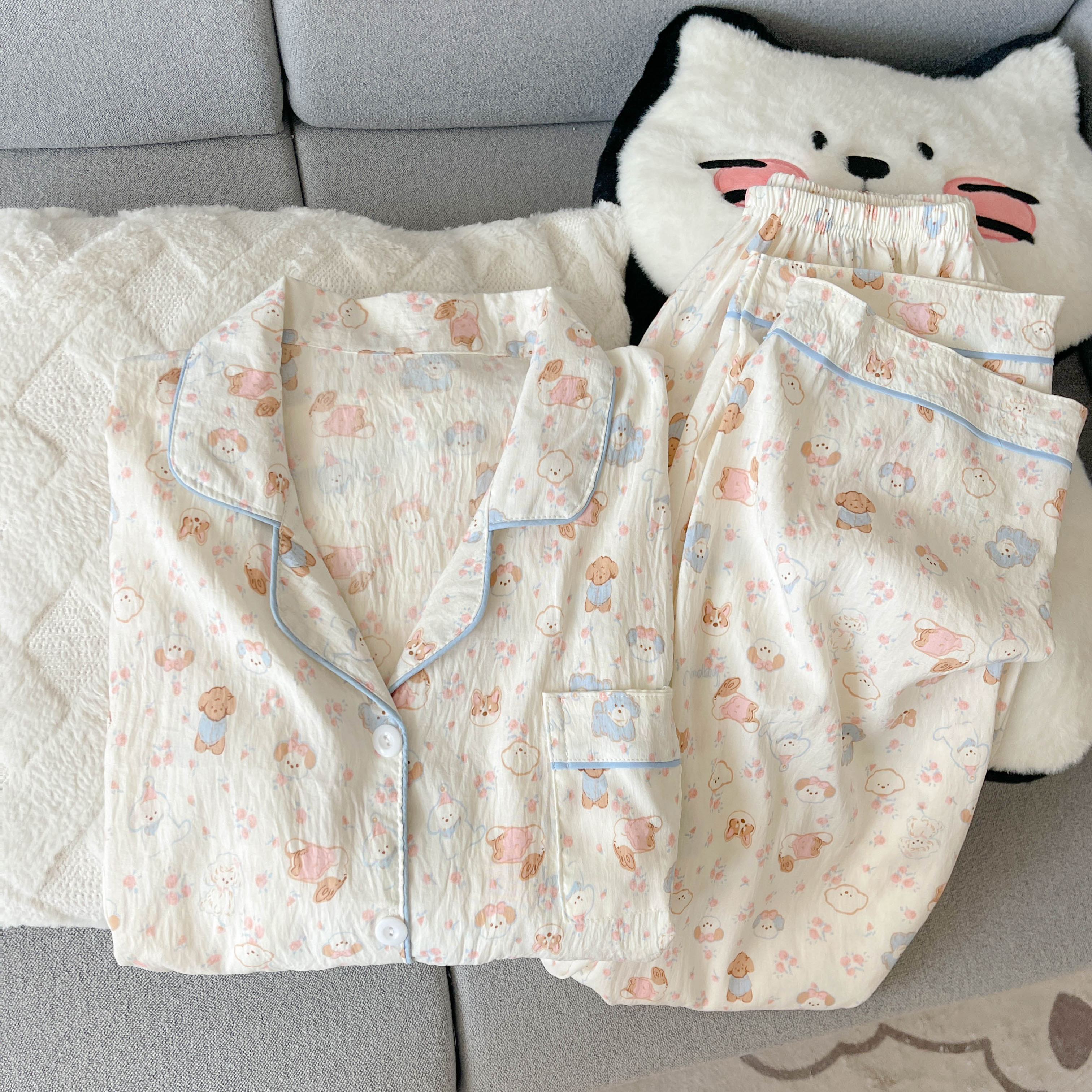 卡通动物云朵纯棉纱睡衣女长袖春秋款可爱两件套开衫家居服夏季