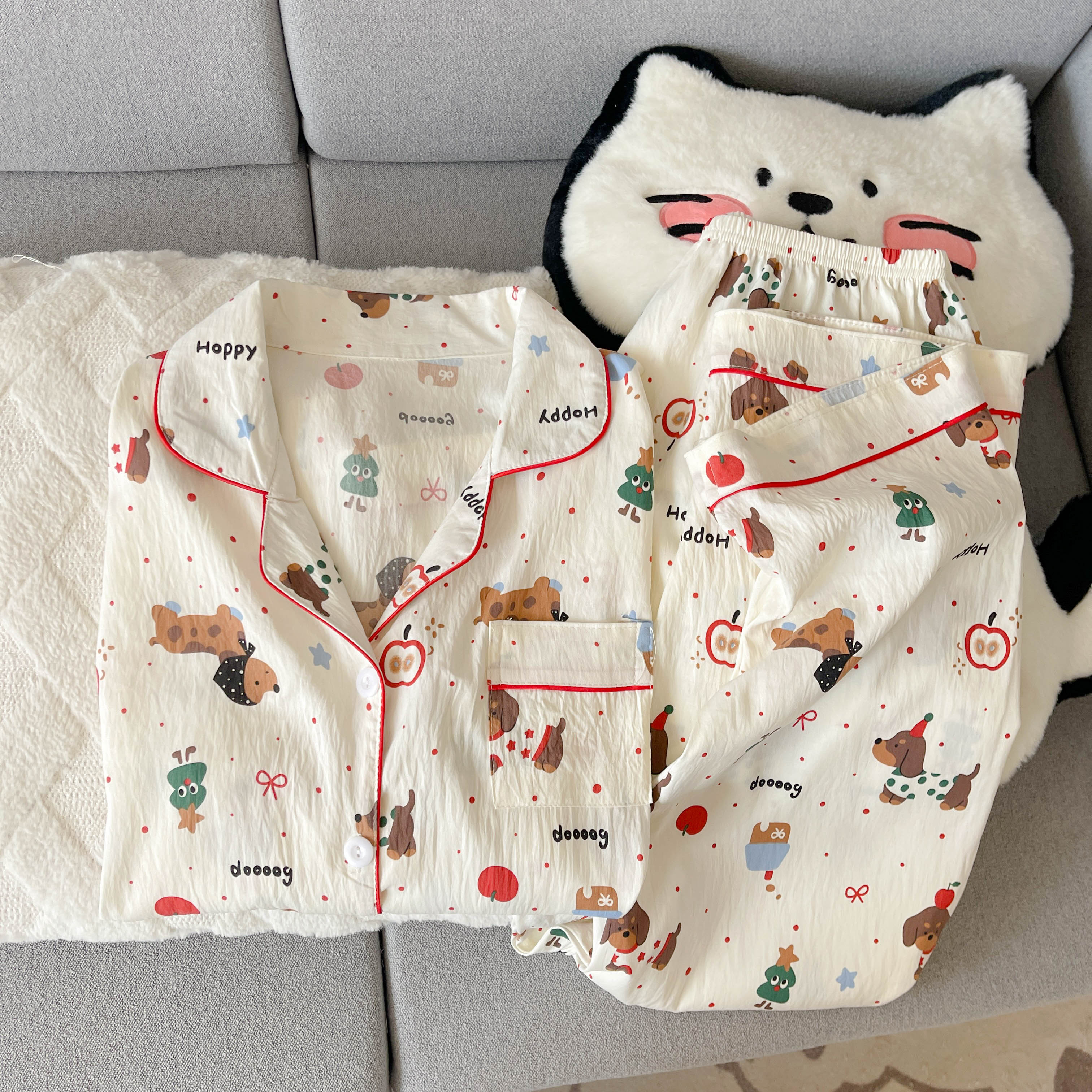 睡衣女款春秋季可爱日系ins小狗学生少女长袖云朵纯棉纱家居服夏