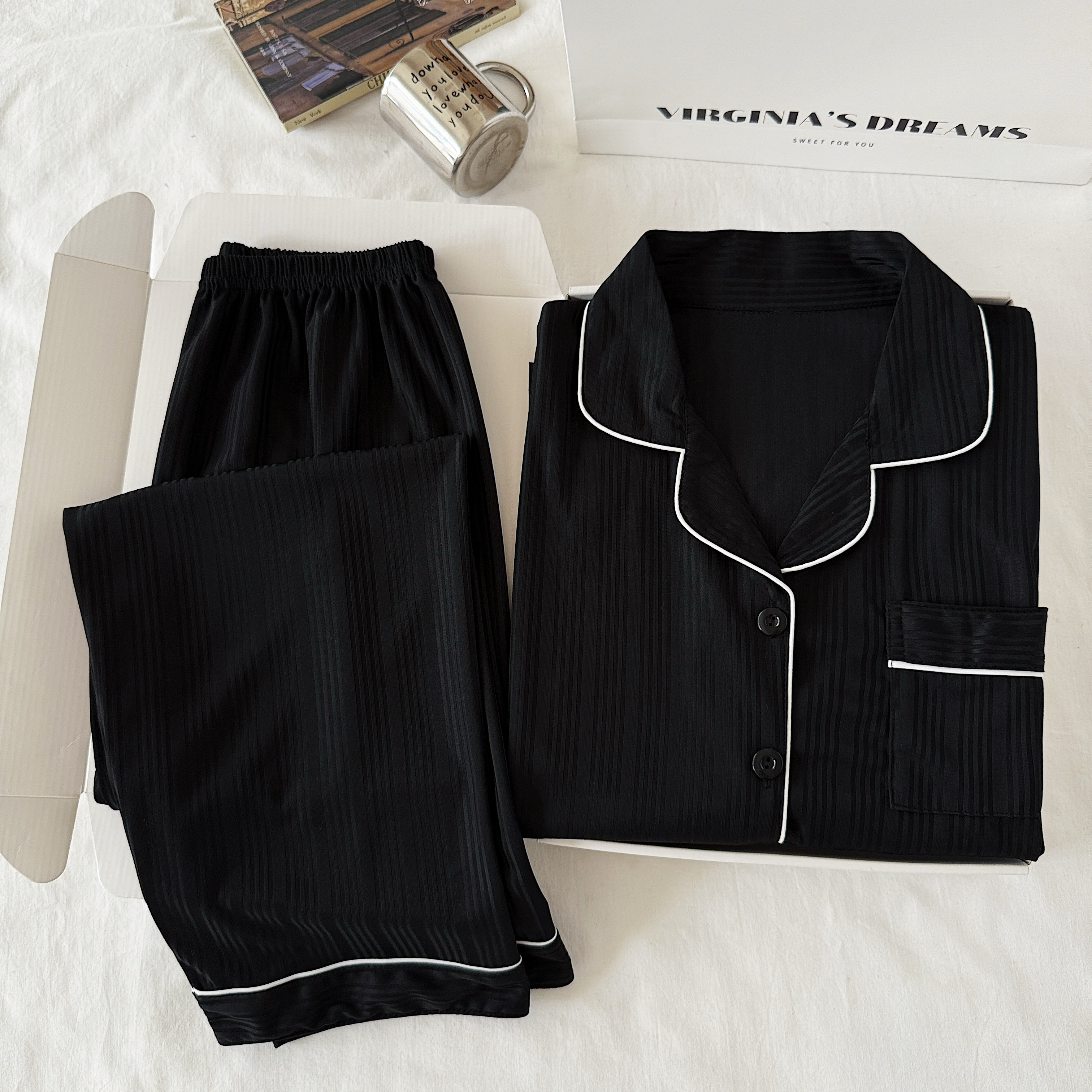 简约纯色黑色睡衣女款春秋夏季纯棉长袖长裤可外穿宽松家居服套装