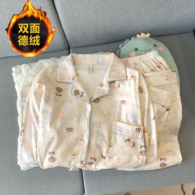 2025年新款德绒睡衣女款秋冬季珊瑚绒加绒ins日系小狗保暖家居服