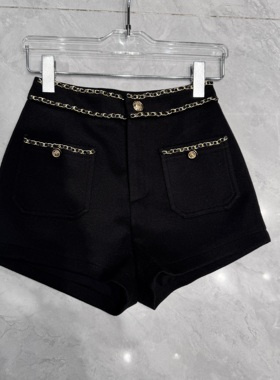 秋冬新款小香风金属链腰边口袋设计感呢料短裤女靴裤