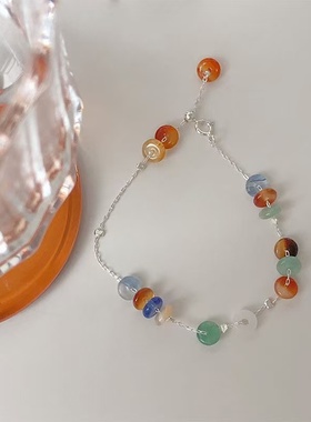 眼观S925银多彩色玉石串珠手链