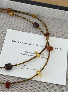 眼观S925银新中式风琥珀碎石项链