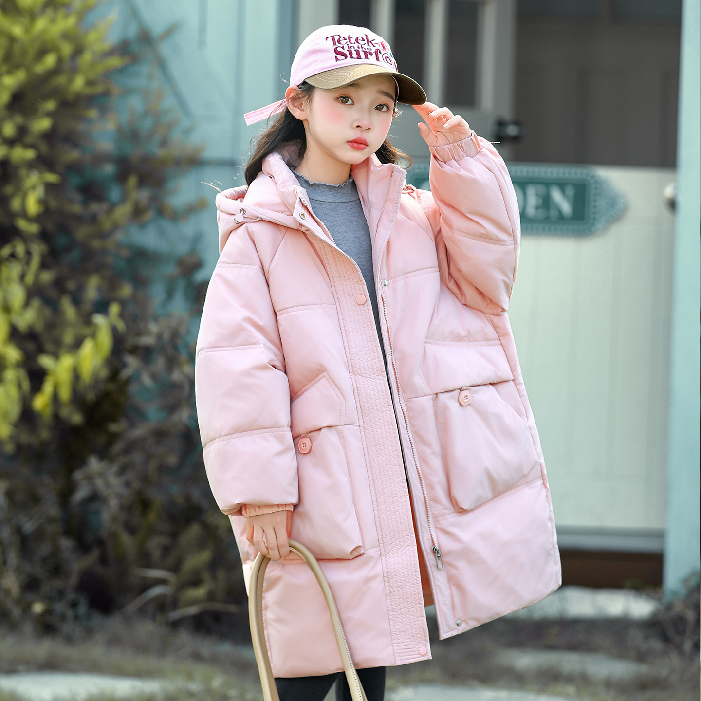 女童韩版中长款连帽羽绒服冬