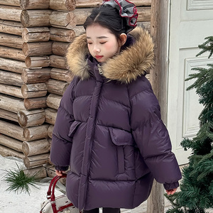 女童中长款加厚毛领白鸭绒羽绒服