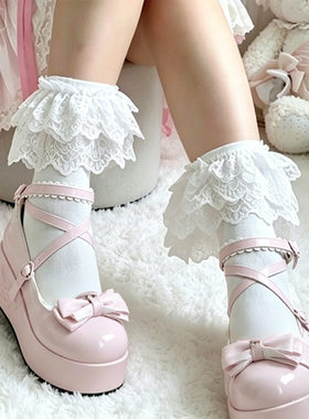 原创日系Lolita手工袜子少女多层蕾丝花边蝴蝶结珍珠链条中筒棉袜