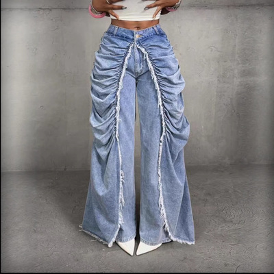 Girls baggy jeans denim pants Y2k 2026欧美女装假两件褶皱毛边