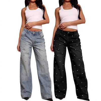 欧美女装钉珠水洗牛仔裤女士高腰womens baggy jeans denim pants