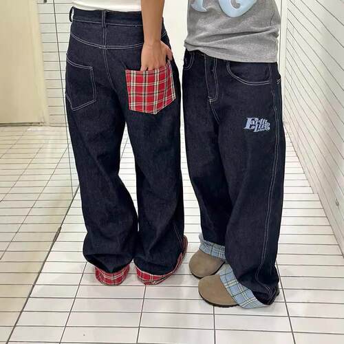 versatile denims pants loose jeans baggy trousers美式格子