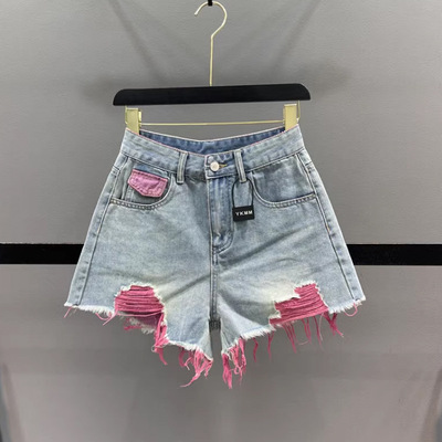 jeans shorts denim distressed patchwork pants 彩色破洞牛仔裤