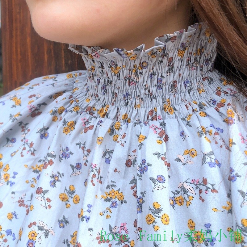小清新高领花长袖衬衫T恤 棉Ladies vintage Cotton Shirts Retro