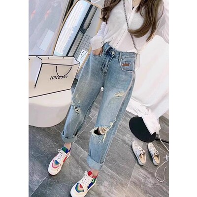 jeans denim distressed patchwork ripped pants新款破洞牛仔裤
