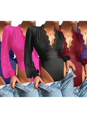 women clothes european african d1255纯色深v领蕾丝花边修身