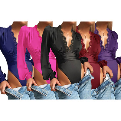 women clothes european african d1255纯色深v领蕾丝花边修身