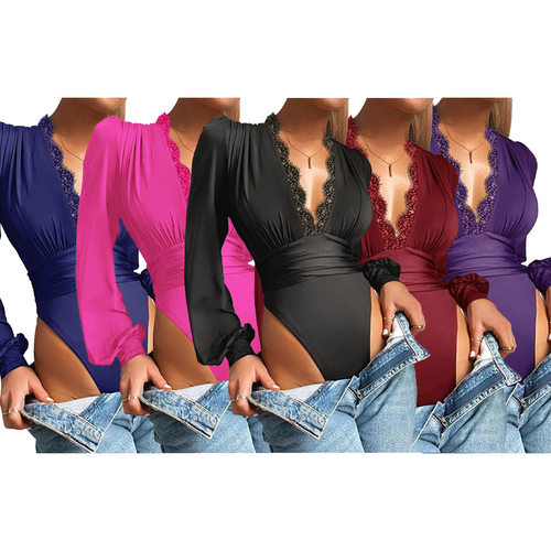 women clothes european african d1255纯色深v领蕾丝花边修身