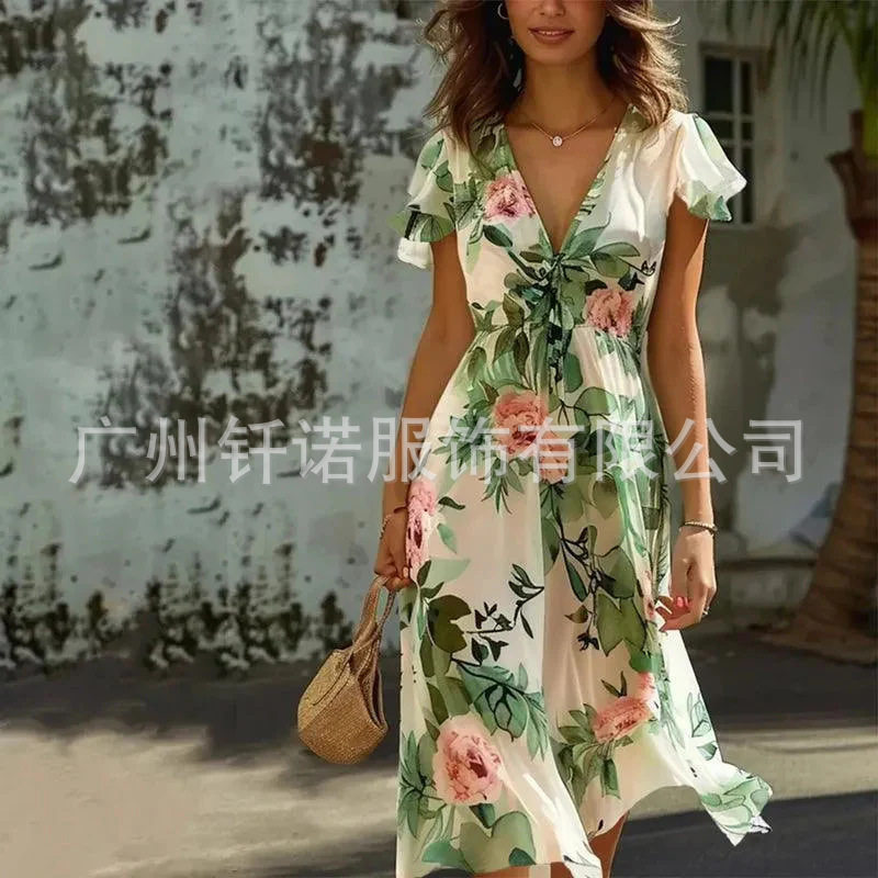 summer dress独立站新款 v领中长修身 时尚印花连衣裙女装women