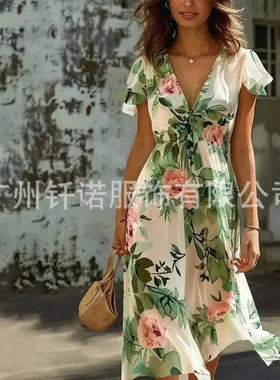 summer dress独立站新款 v领中长修身 时尚印花连衣裙女装women