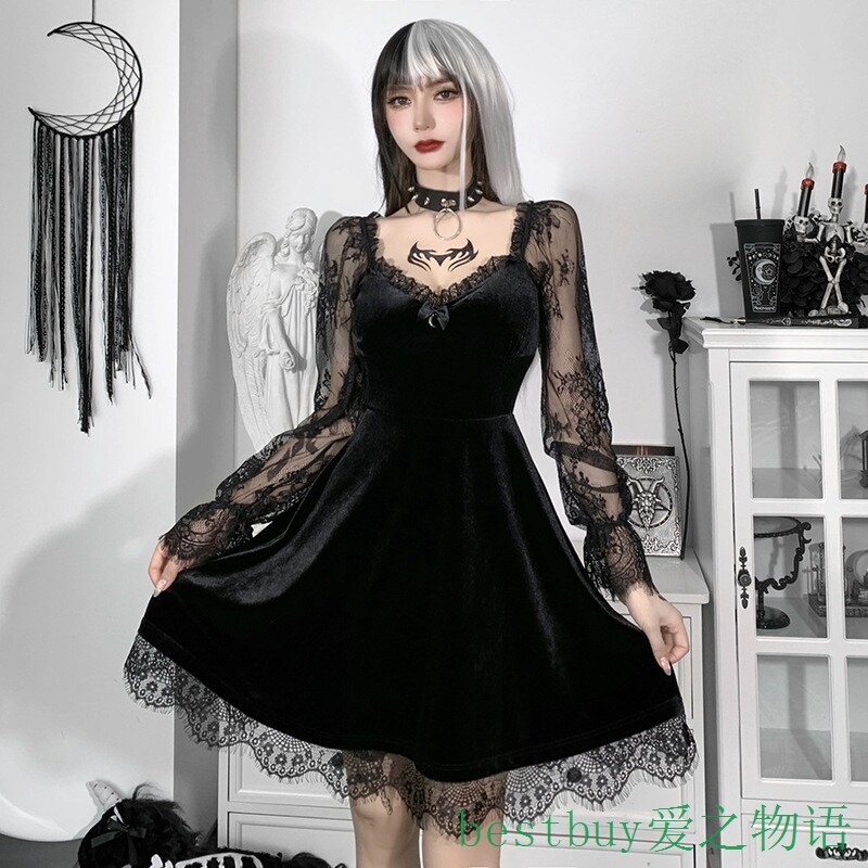 Dress Black Sexy暗黑秋季新款性感蕾丝拼接显胸喇叭长袖连衣裙荷