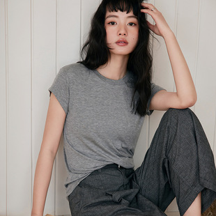 新款 连袖 纯色舒适上衣 t恤女圆领设计感修身 天丝羊毛短袖