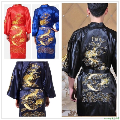 Men Tang Suit Chinese Bathrobe Dragon男士唐装浴袍刺绣黑色