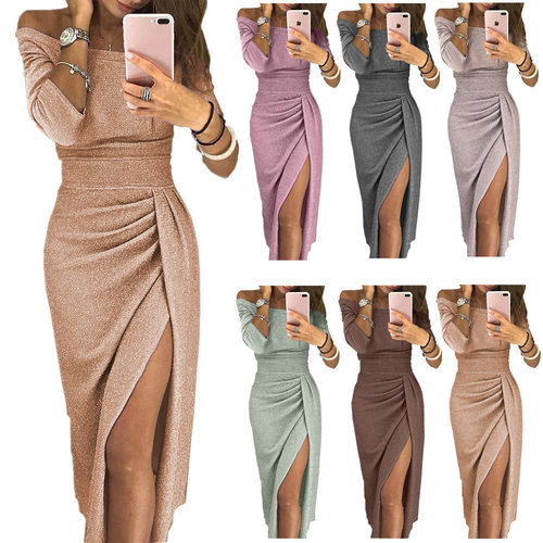 women's stylish dress欧美女士包臀开衩一字领连衣裙亮晶晶礼服