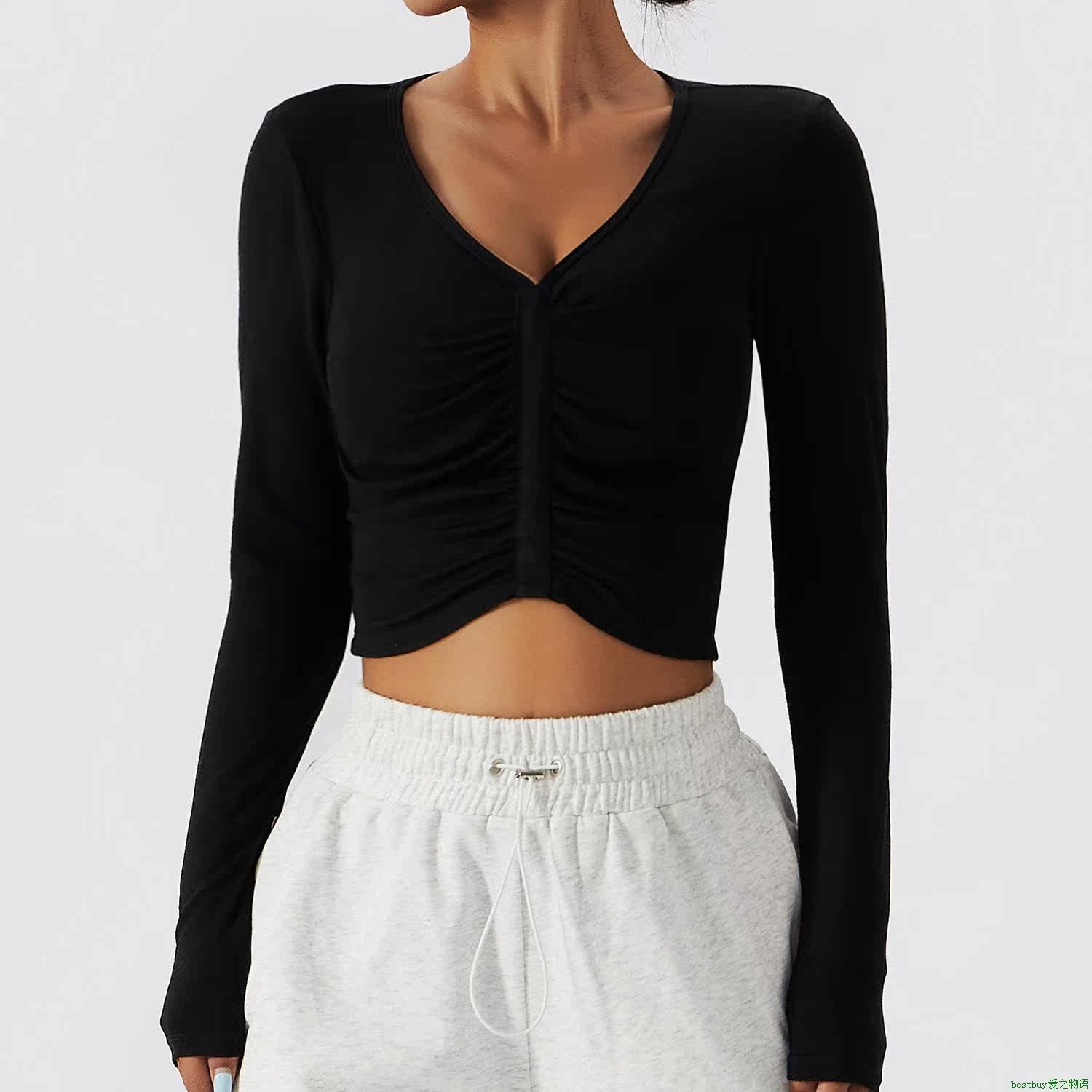 Ladies Yoga crop tops shirt长袖瑜伽服罩衫运动T恤健身服女上衣