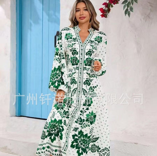 2026欧美新款印花绿色植物灯笼袖v领长袖休闲连衣裙summer dress