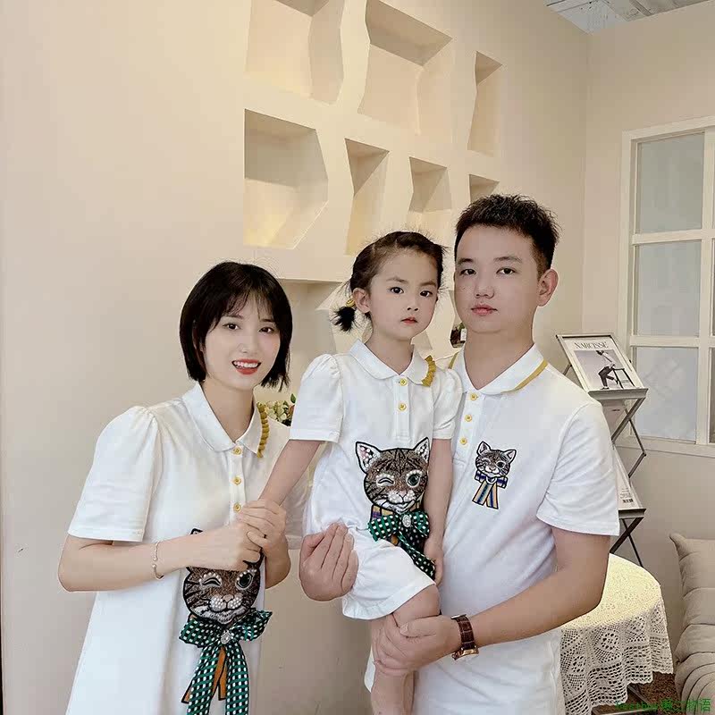 Family Matching t-shirt亲子装2023新款夏季短袖珠片猫咪短袖儿