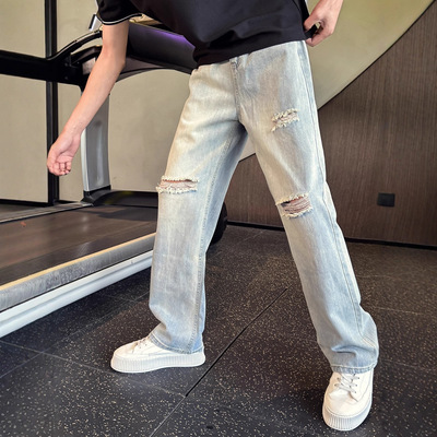 ripped jeans distressed denim pants水洗复古破洞牛仔裤男士