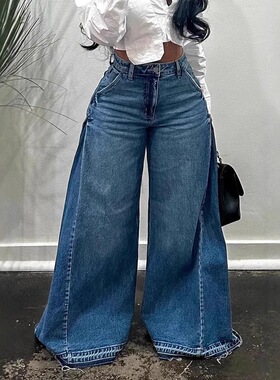 women clothes european african 欧美阔腿牛仔裤女y2k蓝色水洗