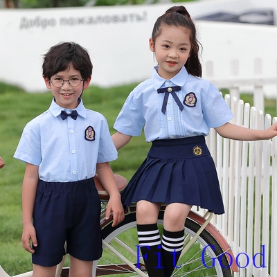 Kids School Uniform Clothes童装中大童儿童短袖浅蓝色衬衫百褶