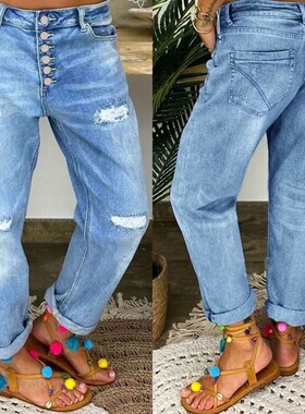 jeans denim distressed patchwork ripped pants欧美新款蓝色