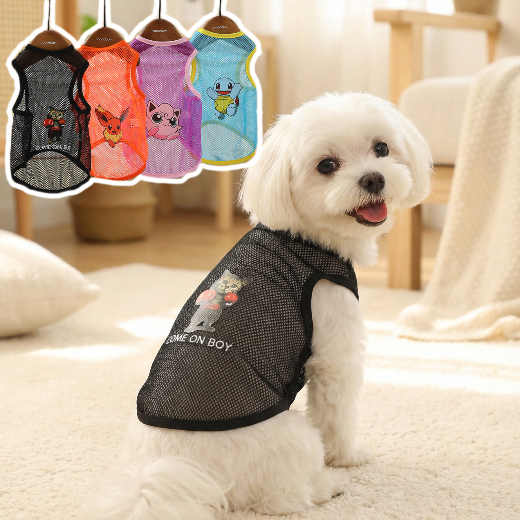 宠物衣服 夏季透气网眼背心 狗狗猫咪薄款清凉卡通T恤防掉毛衣服