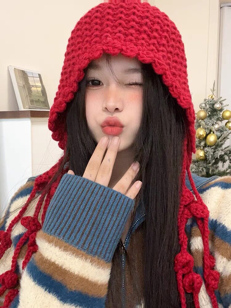 日本RX手工毛线帽时尚球球流苏加厚保暖包头帽女护耳绑带帽针织帽
