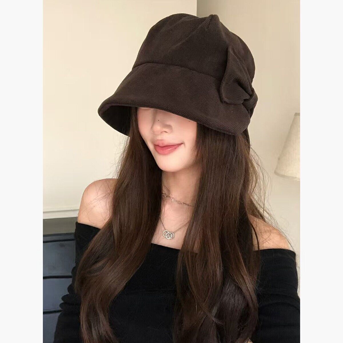 灯芯绒蝴蝶结渔夫帽女秋冬礼帽