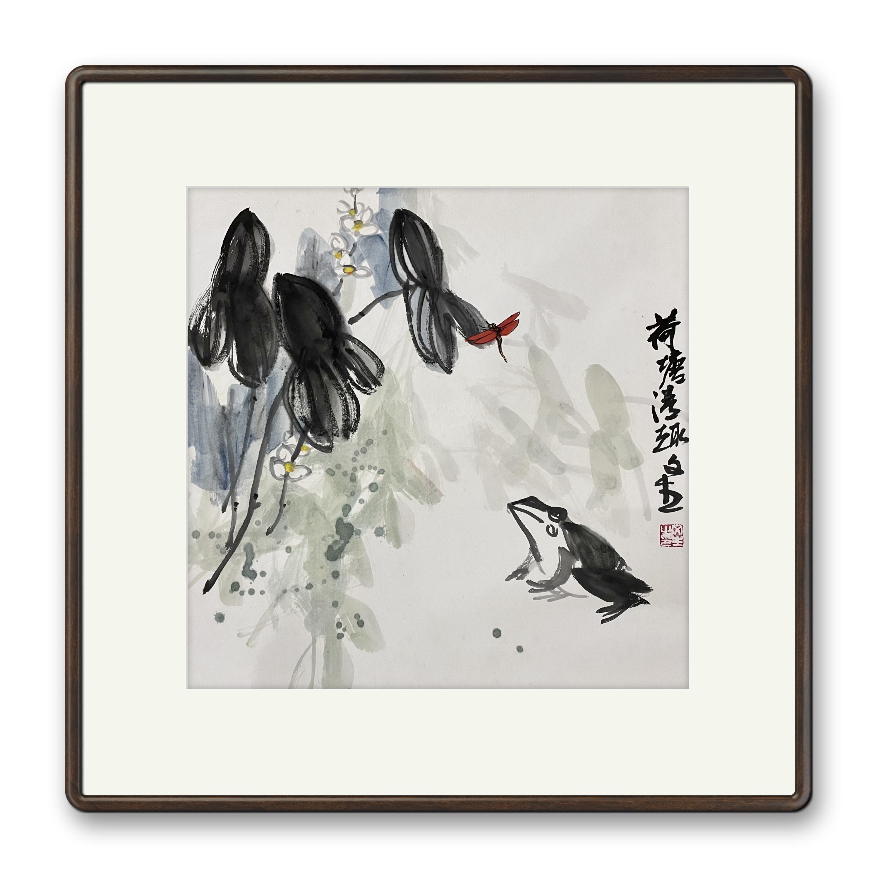 名师手绘国画动物青蛙餐厅客厅风水招财聚宝盆玄关斗方装饰画挂画