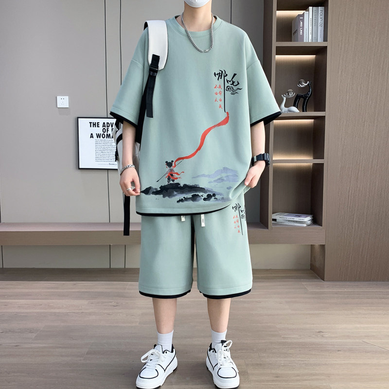 中国风印花短袖套装男士夏季青少年酷帅穿搭短裤两件套潮男装宽松