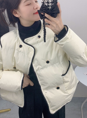 现 Korea 双排扣撞色编织花边拼接小香风式加厚宽松棉衣棉服外套